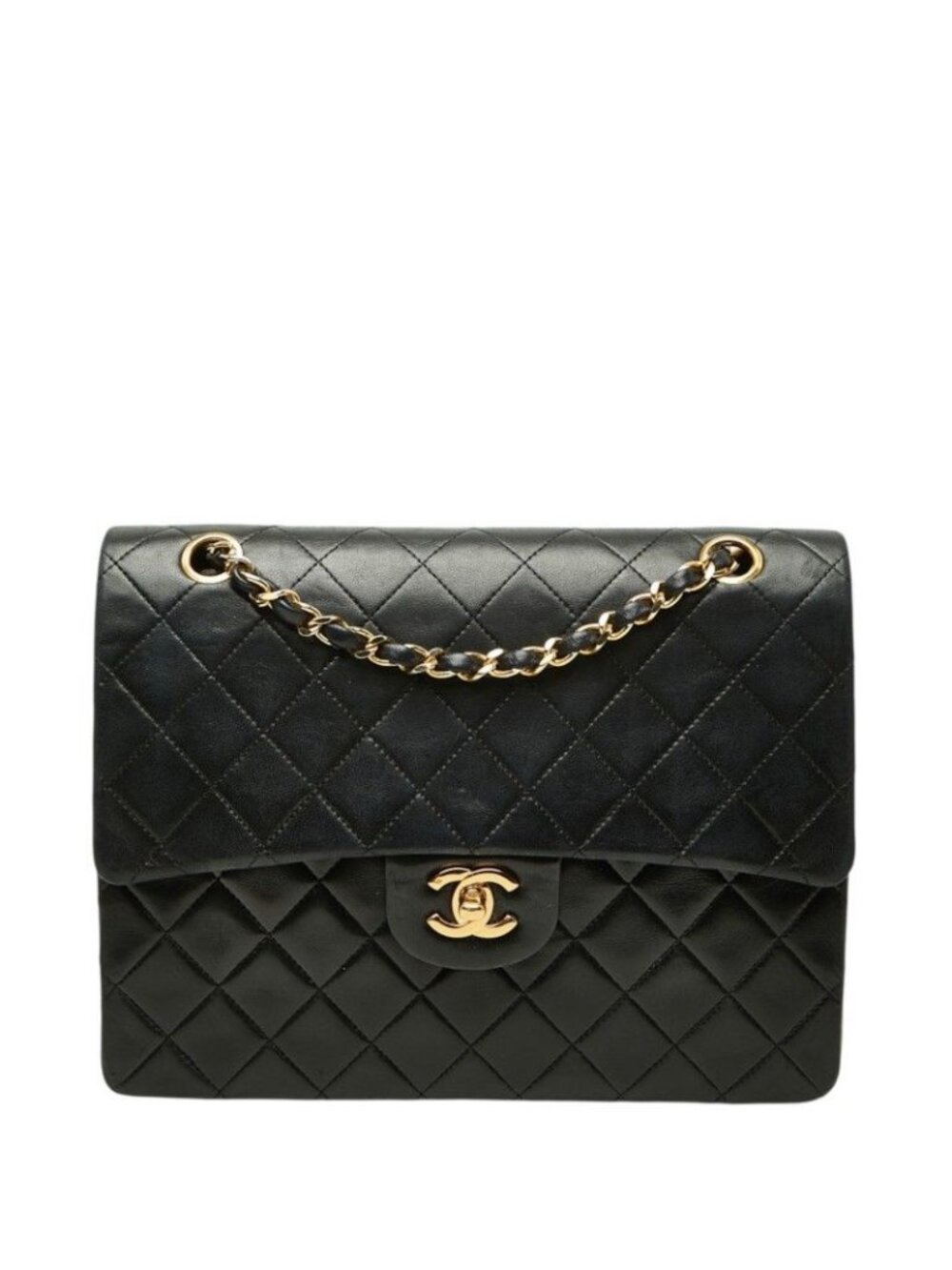 Chanel Quilted CC Logo Double Flap Chain Shoulder Bag Black Lambskin